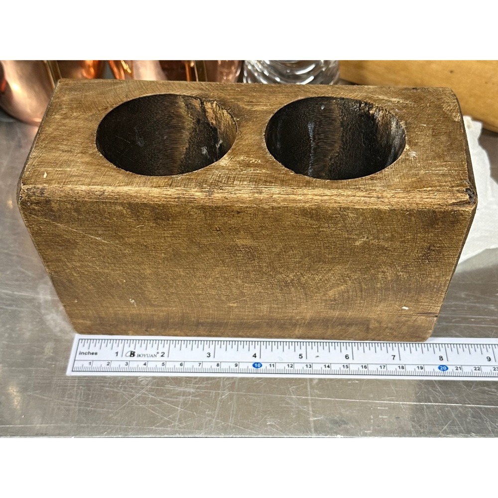 VTG Sugar Mold Candle Holder 2 Hole Brown Wood Rustic Farmhouse Decor